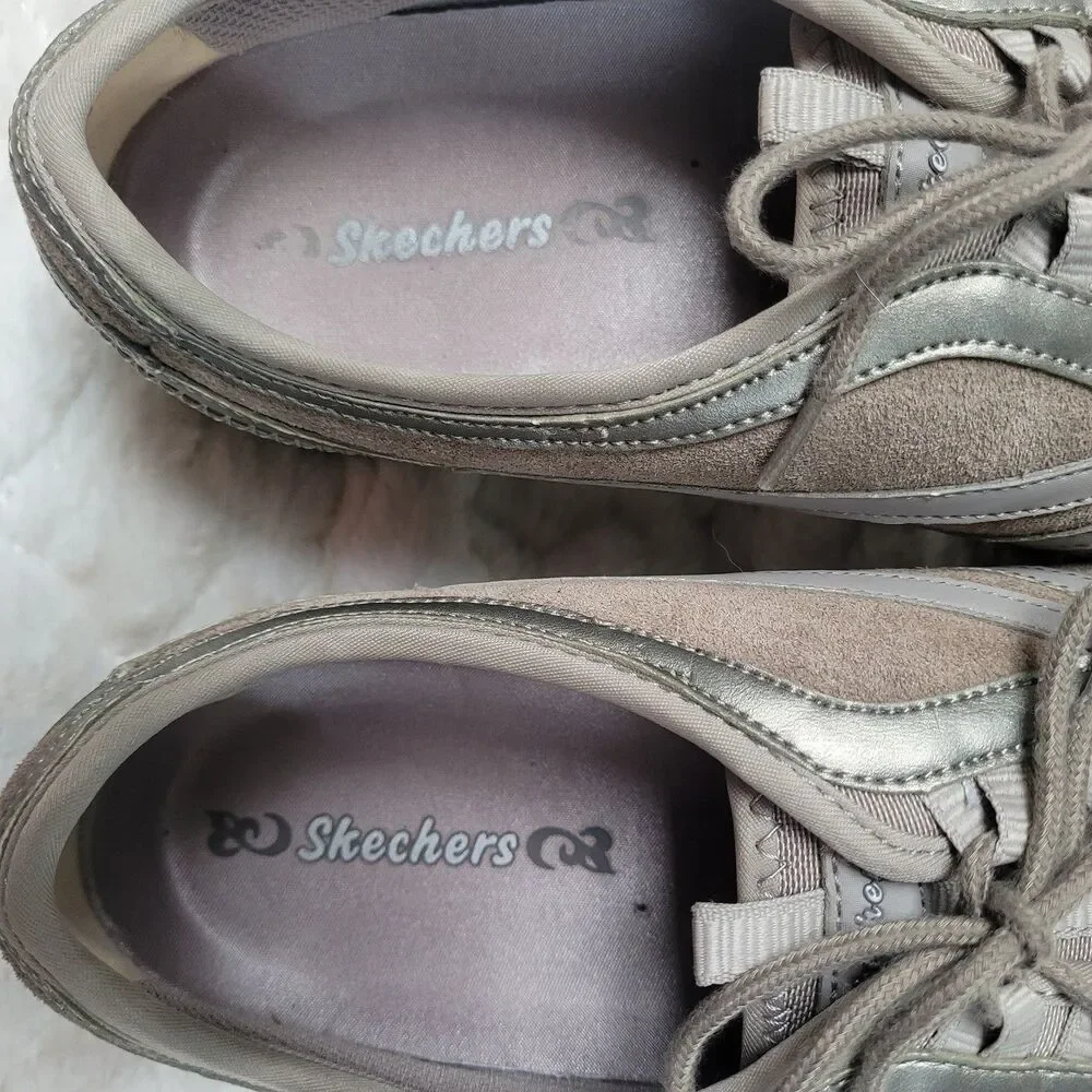 Skechers Lace Up Comfort Sneakers 22018 Leather Low Top Rhinestones Taupe 10 - Picture 11 of 12
